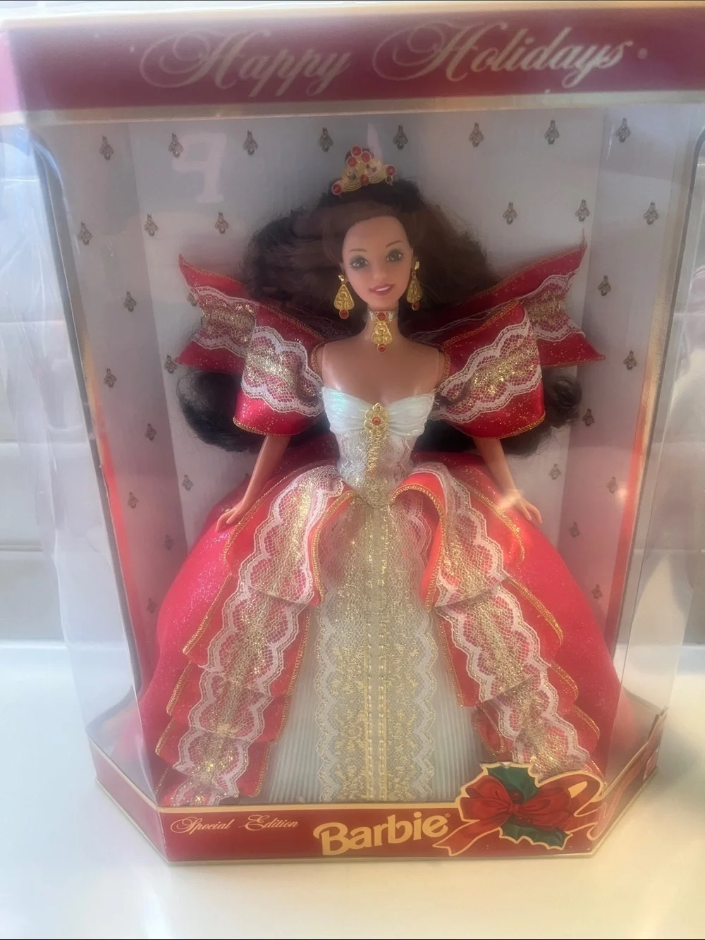 Barbie 1997 Happy Holidays Red Gold Holiday Gown Never Opened